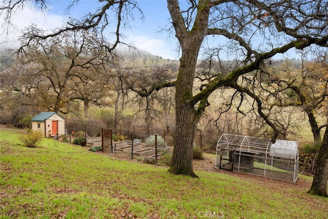 view of yard featuring a storage unit and a rural view