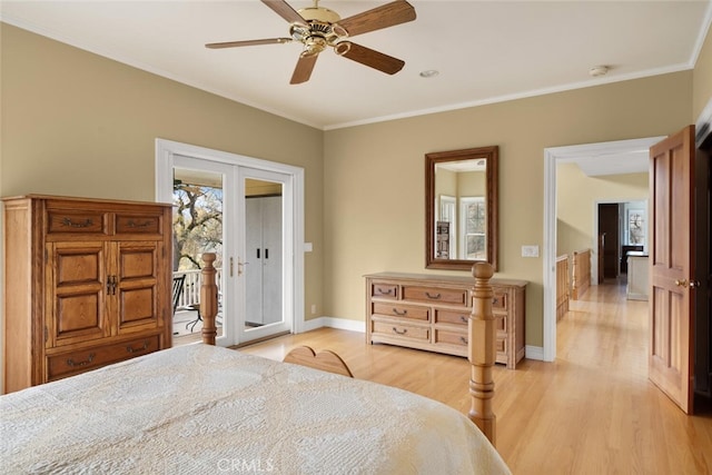 bedroom with ceiling fan, access to outside, crown molding, light hardwood / wood-style flooring, and french doors