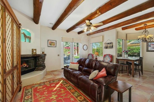 living room with ceiling fan with notable chandelier, light tile patterned floors, and beamed ceiling