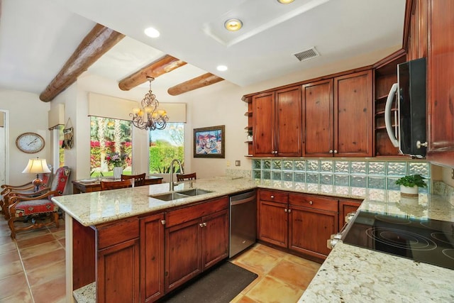 kitchen featuring sink, kitchen peninsula, a notable chandelier, stainless steel dishwasher, and beam ceiling