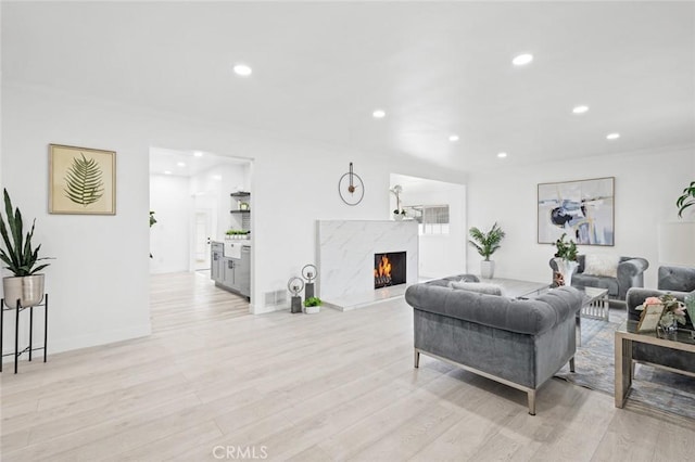 living room featuring a premium fireplace and light hardwood / wood-style flooring