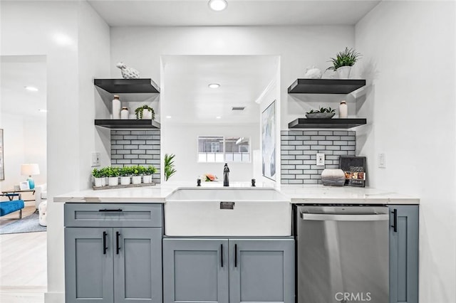 bar with gray cabinetry, sink, stainless steel dishwasher, and decorative backsplash