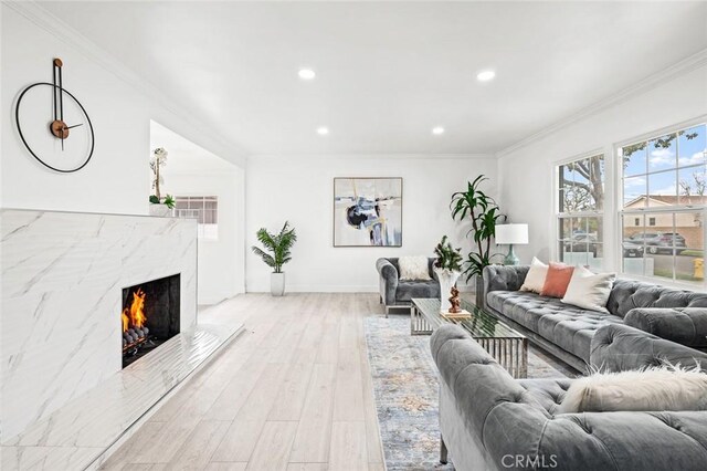 living room with ornamental molding, a premium fireplace, and light wood-type flooring