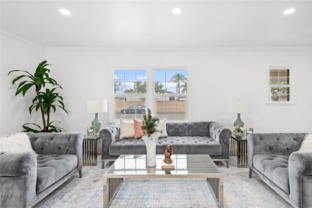 living room with ornamental molding