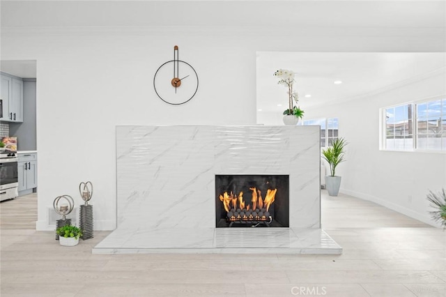 interior details with hardwood / wood-style flooring, crown molding, stainless steel stove, and a high end fireplace