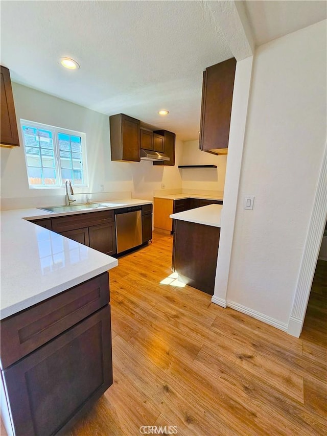 kitchen featuring sink, dark brown cabinets, stainless steel dishwasher, and light hardwood / wood-style floors