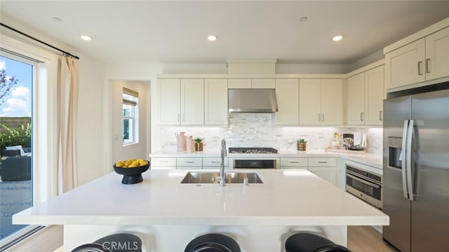 kitchen featuring an island with sink, a wealth of natural light, sink, and stainless steel appliances