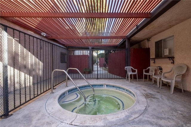 view of pool featuring an in ground hot tub, a patio, and a pergola