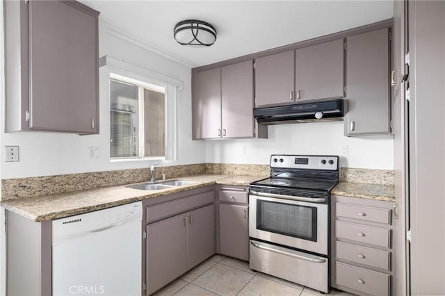 kitchen featuring gray cabinets, light tile patterned flooring, dishwasher, stainless steel electric range, and sink