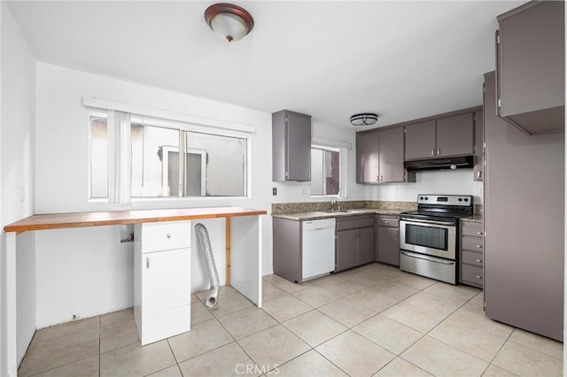 kitchen featuring stainless steel range with electric stovetop, sink, white dishwasher, and gray cabinetry