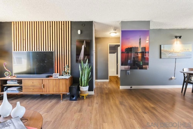 living room featuring a textured ceiling and hardwood / wood-style floors