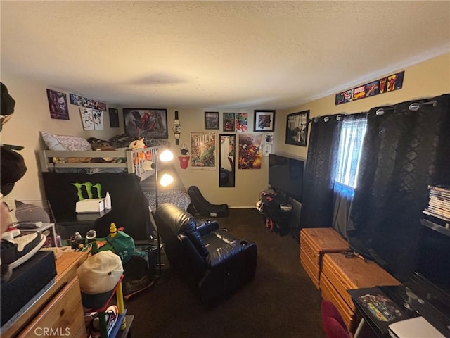 interior space featuring carpet floors and a textured ceiling