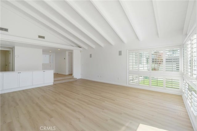 unfurnished living room featuring light hardwood / wood-style floors, high vaulted ceiling, and beamed ceiling