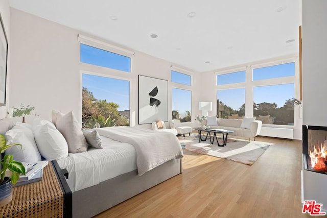 bedroom featuring light wood-type flooring and a multi sided fireplace