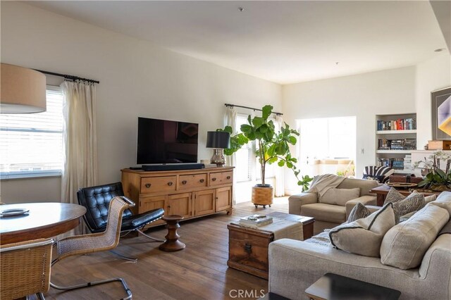 living room with dark wood-type flooring