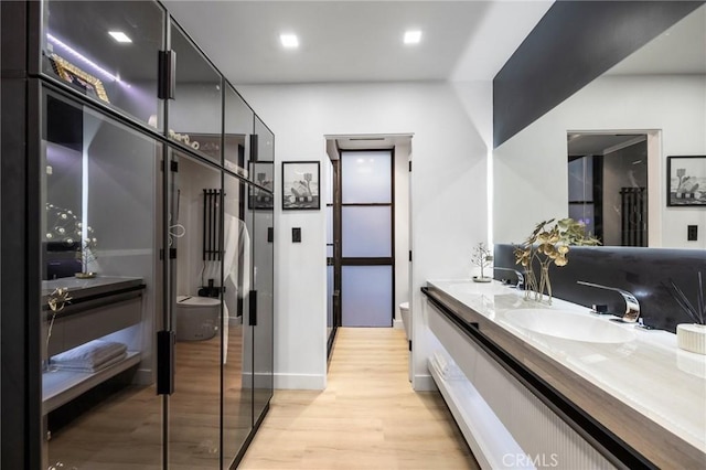 bathroom featuring double vanity, wood finished floors, toilet, and a sink