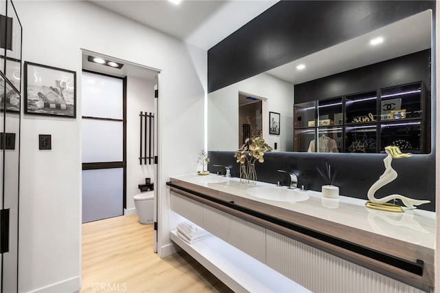 full bathroom featuring double vanity, toilet, wood finished floors, and a sink