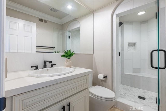 bathroom with walk in shower, vanity, toilet, and ornamental molding