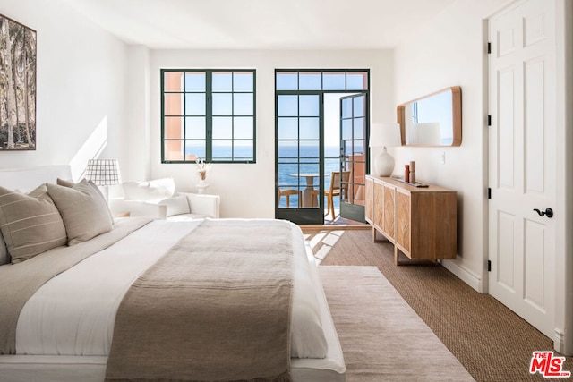 carpeted bedroom with a water view