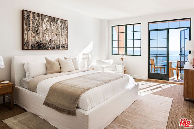 bedroom featuring a water view