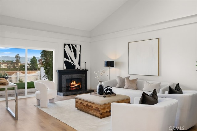 living room with high vaulted ceiling and wood-type flooring