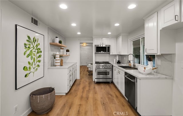 kitchen featuring white cabinets, decorative backsplash, sink, and stainless steel appliances