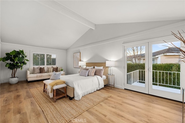 bedroom with light wood-type flooring, french doors, access to outside, and lofted ceiling with beams