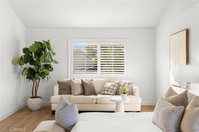 living room with lofted ceiling and light hardwood / wood-style flooring