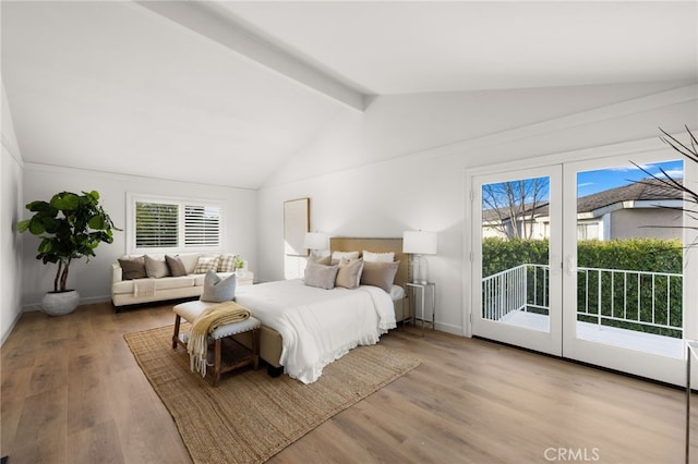 bedroom with light hardwood / wood-style flooring, access to outside, french doors, and lofted ceiling with beams