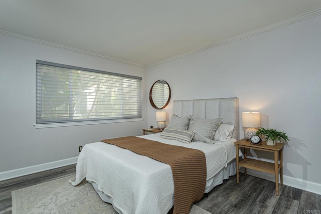 bedroom with dark wood-type flooring and crown molding