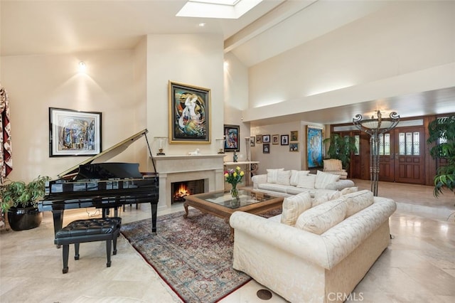 living room featuring high vaulted ceiling and beam ceiling