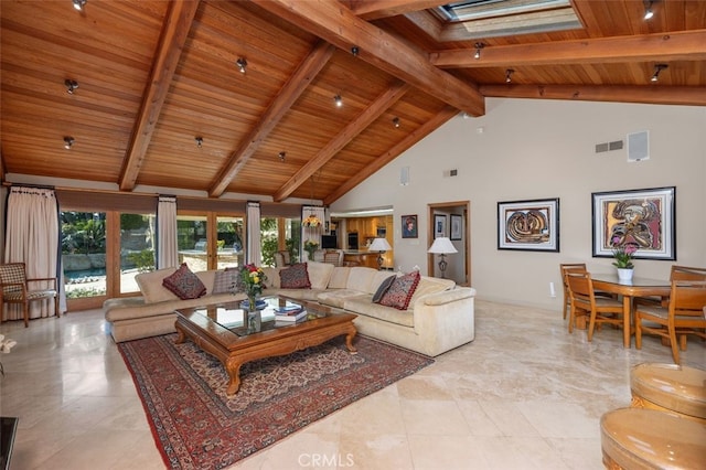 living room featuring high vaulted ceiling, a skylight, beam ceiling, and wood ceiling