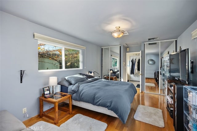 bedroom featuring multiple closets and wood-type flooring