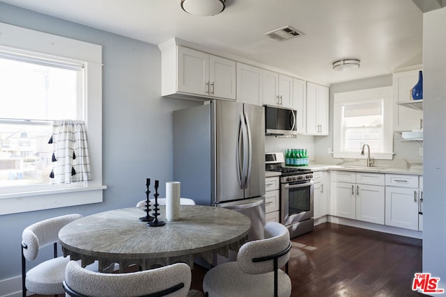 kitchen featuring sink, white cabinetry, plenty of natural light, stainless steel appliances, and dark hardwood / wood-style flooring