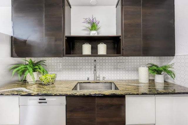 kitchen with dishwasher, sink, dark stone counters, decorative backsplash, and dark brown cabinets