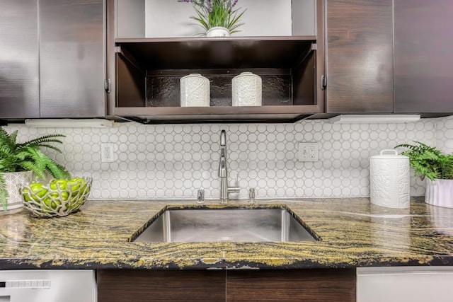 kitchen featuring dark stone counters, dishwasher, sink, and decorative backsplash