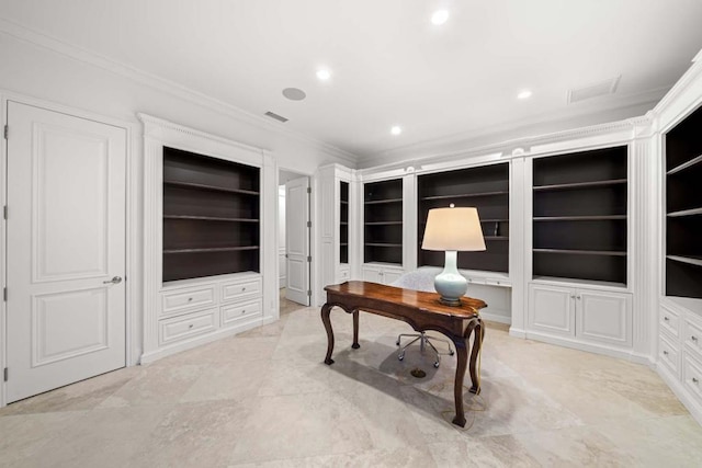 office space with built in shelves and ornamental molding