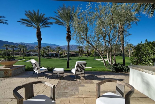 view of patio with a mountain view