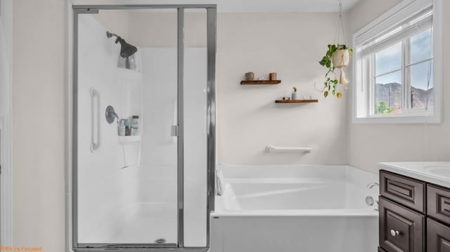 bathroom featuring vanity and separate shower and tub