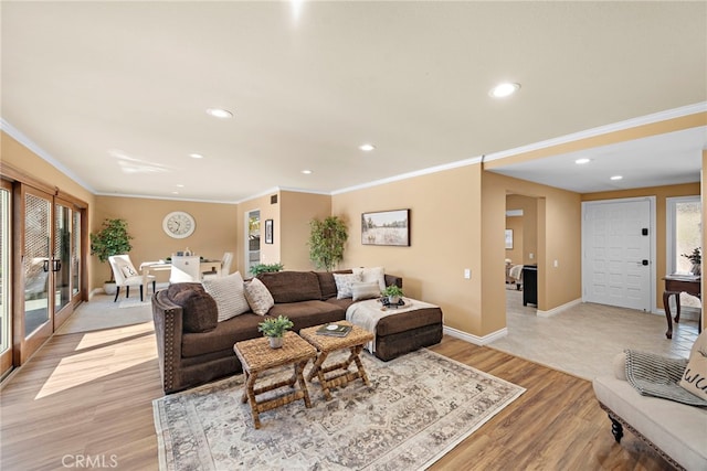 living room featuring light hardwood / wood-style floors and ornamental molding