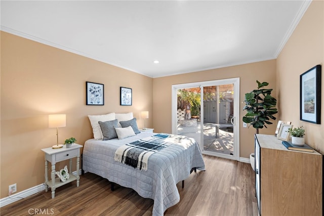 bedroom featuring access to exterior, wood-type flooring, and crown molding