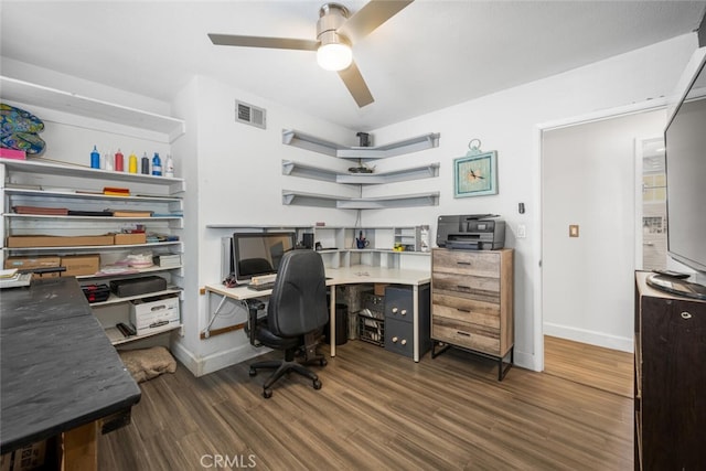 office area with ceiling fan and dark hardwood / wood-style floors