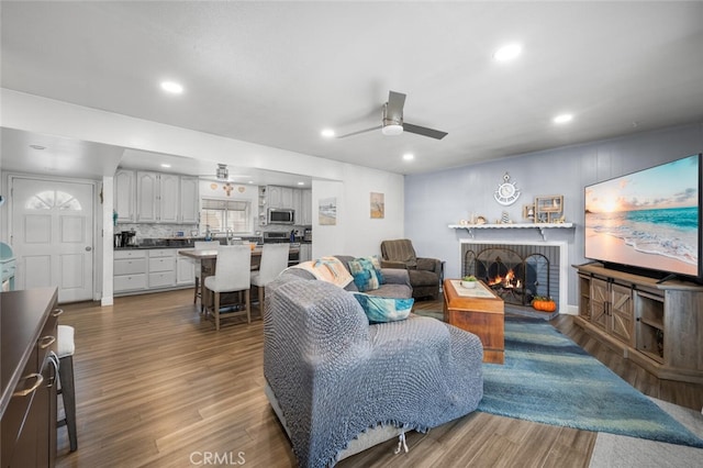 living room with dark wood-type flooring, ceiling fan, and a fireplace