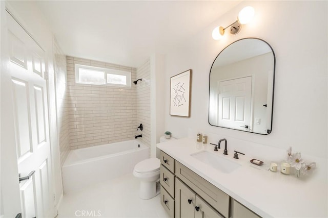 full bathroom with tiled shower / bath combo, vanity, toilet, and tile patterned flooring