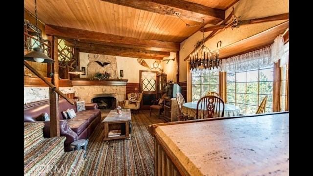 dining space featuring wood ceiling, beamed ceiling, and a chandelier