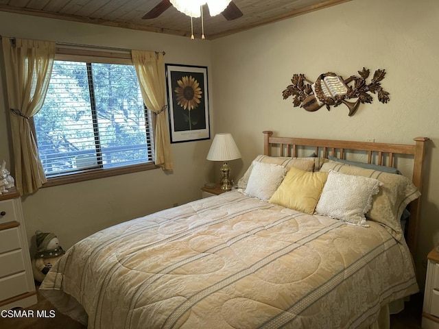 bedroom featuring ceiling fan and wooden ceiling