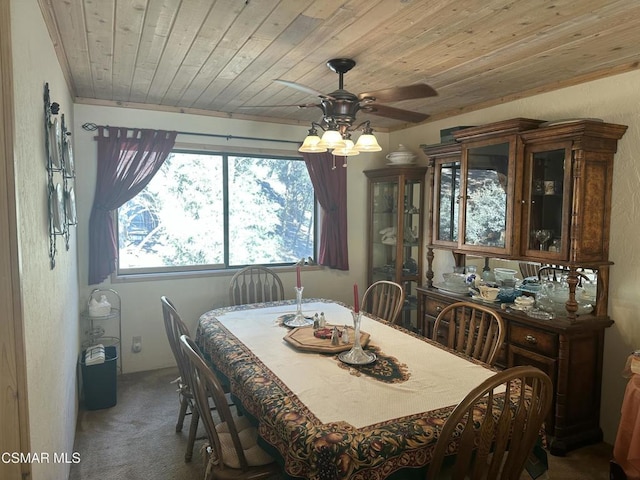 dining space featuring ceiling fan, wood ceiling, and carpet flooring