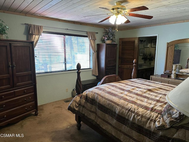 carpeted bedroom featuring ceiling fan and wood ceiling