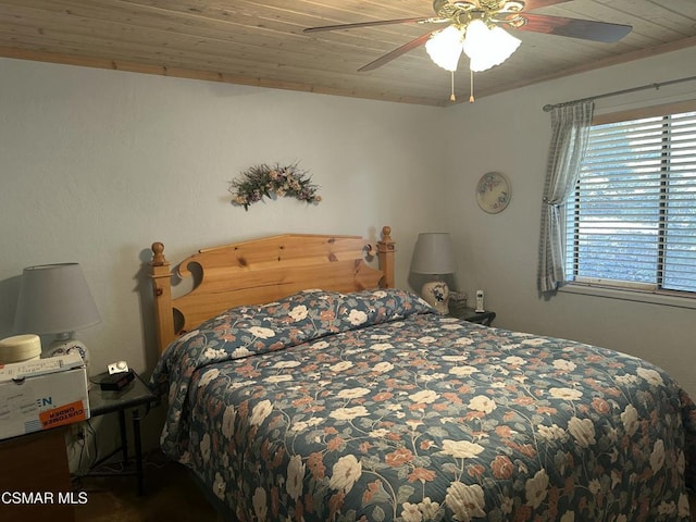 bedroom featuring ceiling fan and wooden ceiling