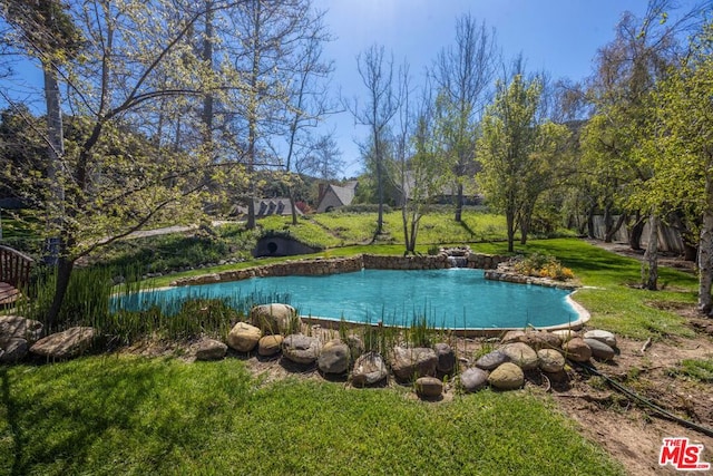 view of pool with a yard